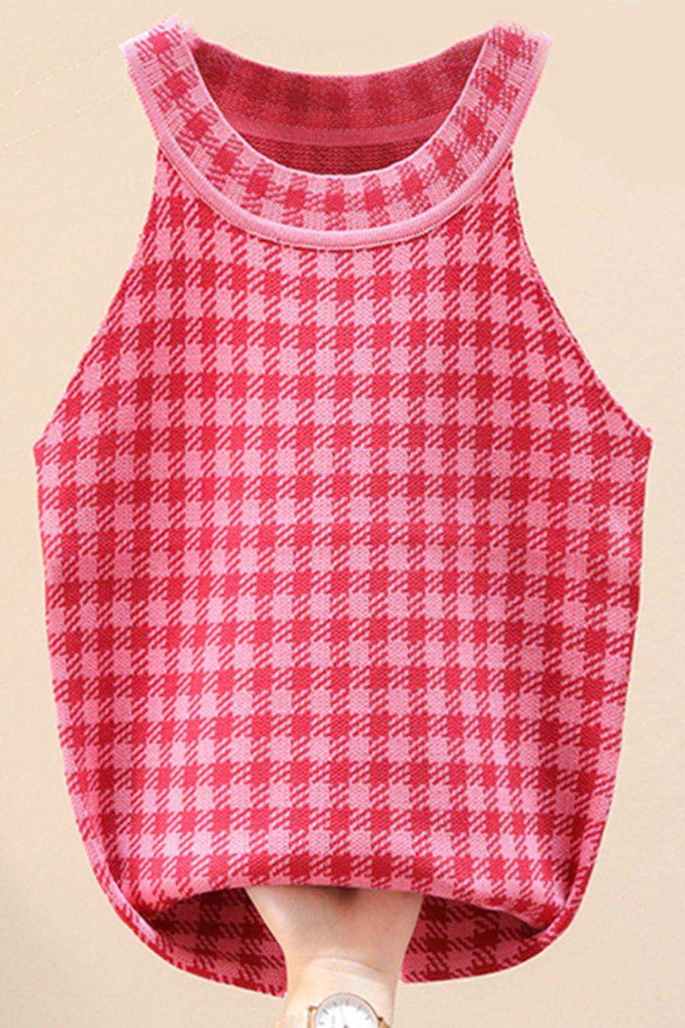 Plaid Round Neck Sleeveless Knit Top - Trendsi - Flyclothing LLC