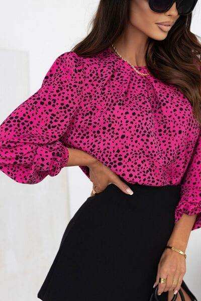 Leopard Round Neck Balloon Sleeve Blouse - Trendsi - Flyclothing LLC