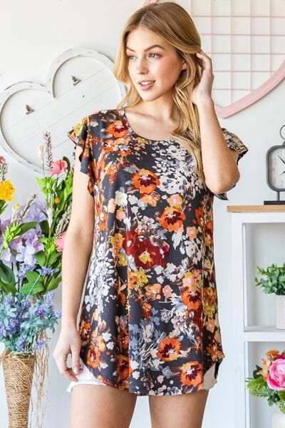 Heimish Full Size Ruffled Floral Round Neck Cap Sleeve Blouse - Trendsi - Flyclothing LLC