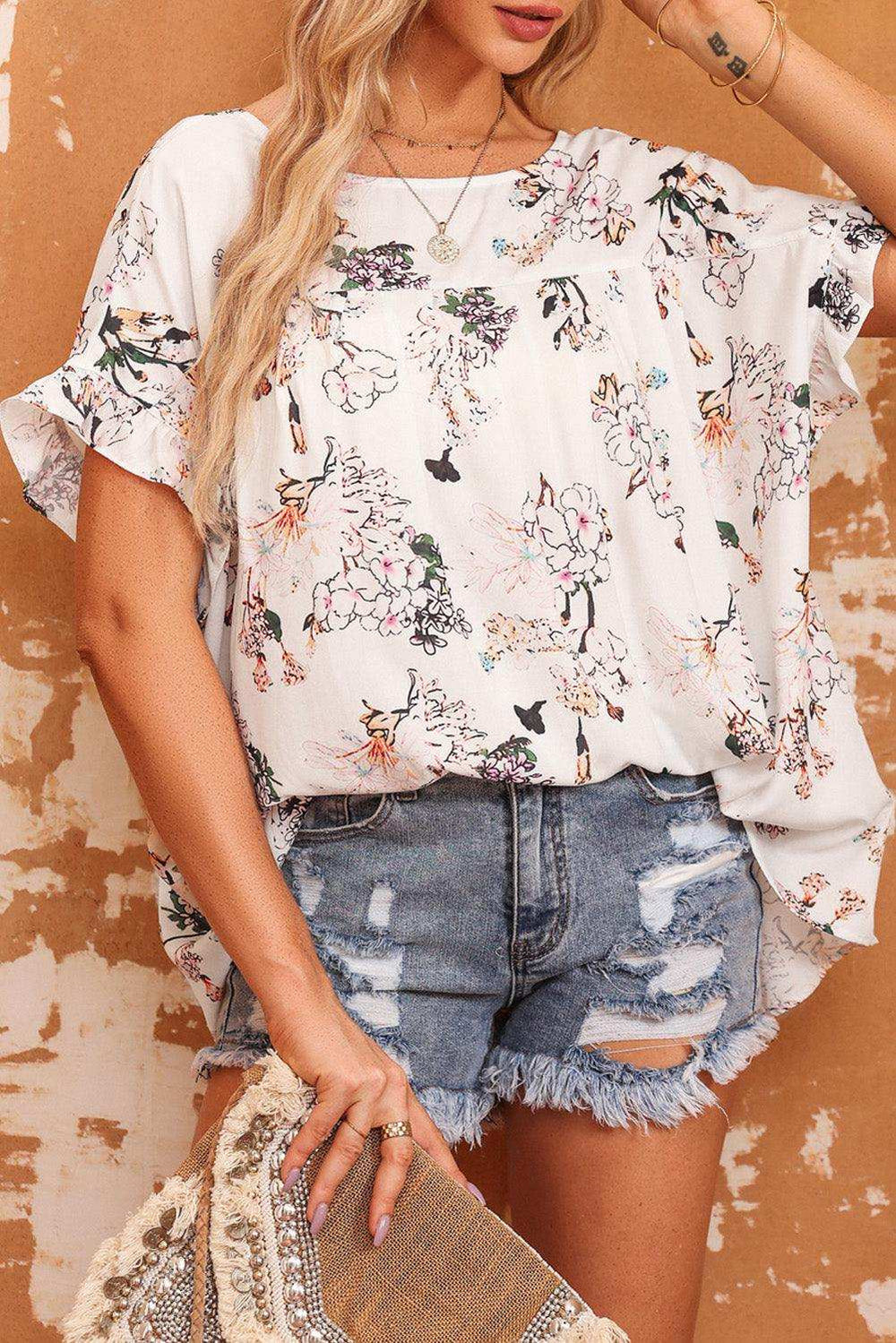 Floral Boat Neck Flounce Sleeve Blouse - Trendsi - Flyclothing LLC