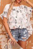 Floral Boat Neck Flounce Sleeve Blouse - Trendsi - Flyclothing LLC