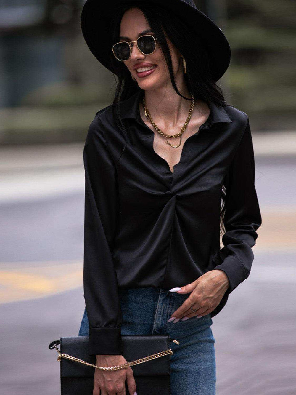 Twist Front Collared Blouse - Trendsi - Flyclothing LLC