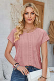 Eyelet Round Neck Rolled Short Sleeve T-Shirt - Trendsi - Flyclothing LLC