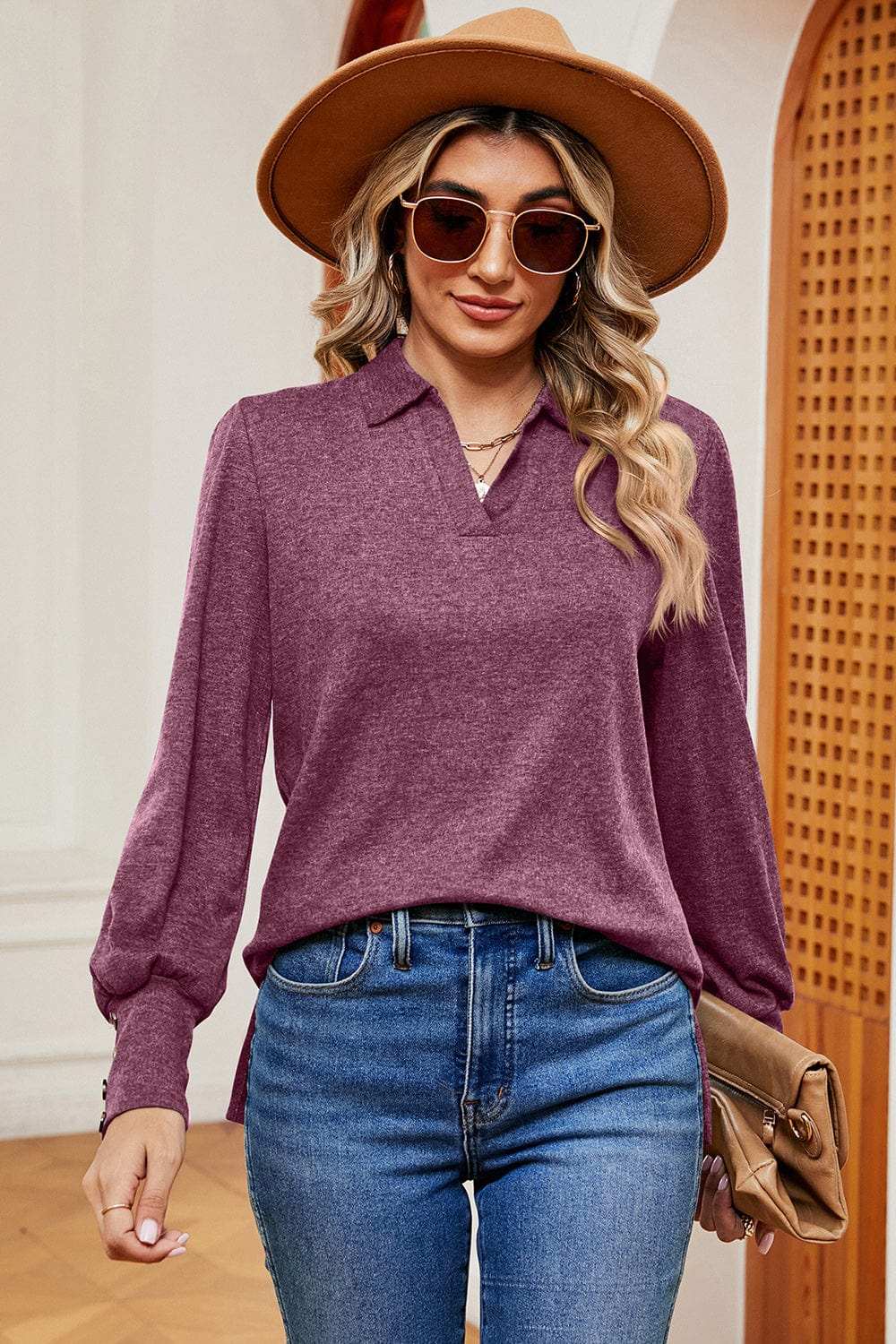 Decorative Button Johnny Collar Lantern Sleeve Blouse - Trendsi - Flyclothing LLC