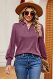 Decorative Button Johnny Collar Lantern Sleeve Blouse - Trendsi - Flyclothing LLC