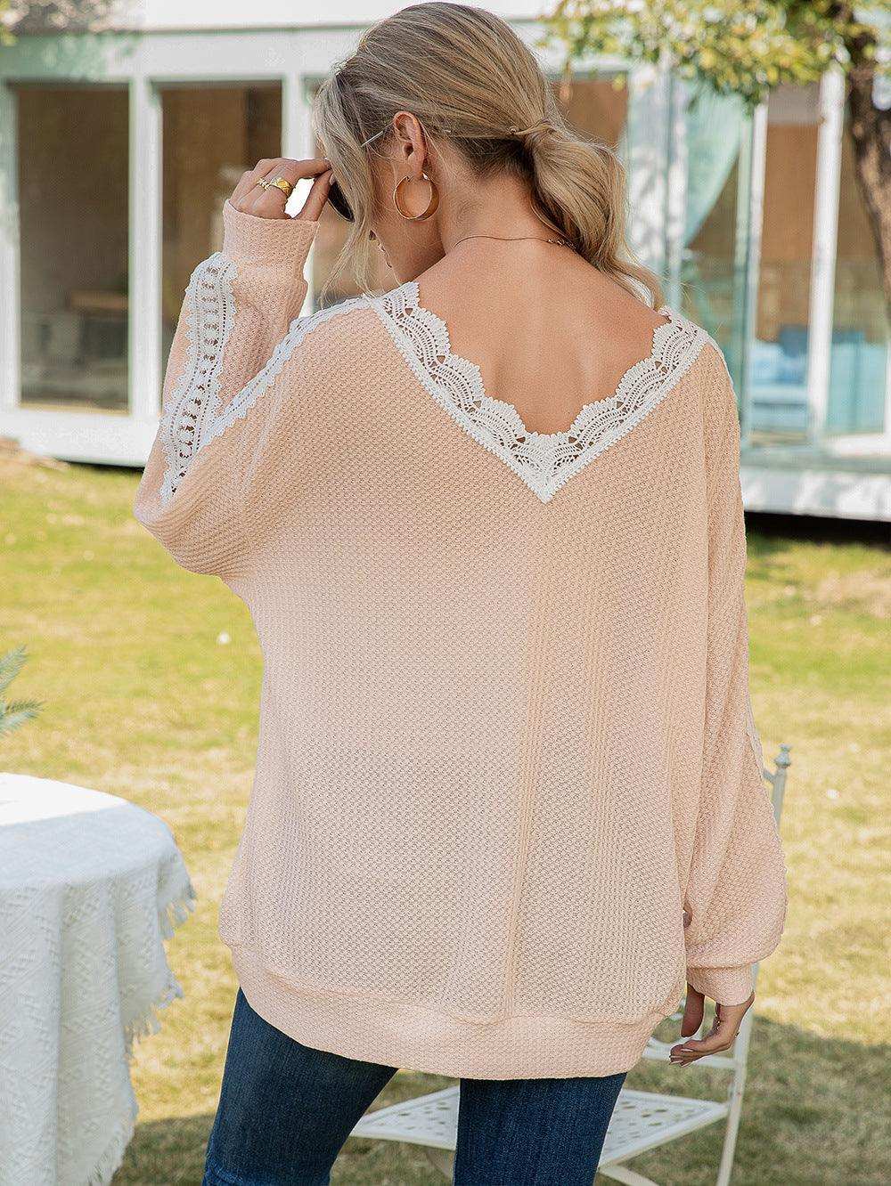 Contrast Spliced Lace V-Neck Top - Trendsi - Flyclothing LLC