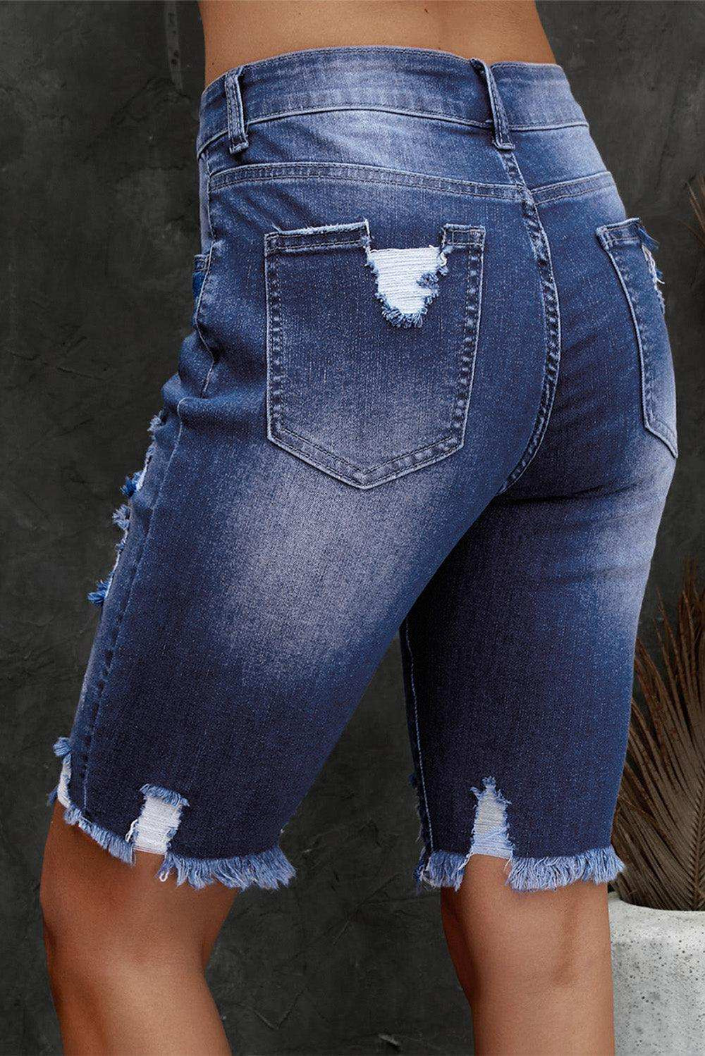 Distressed Frayed Hem Denim Bermuda Shorts - Trendsi - Flyclothing LLC