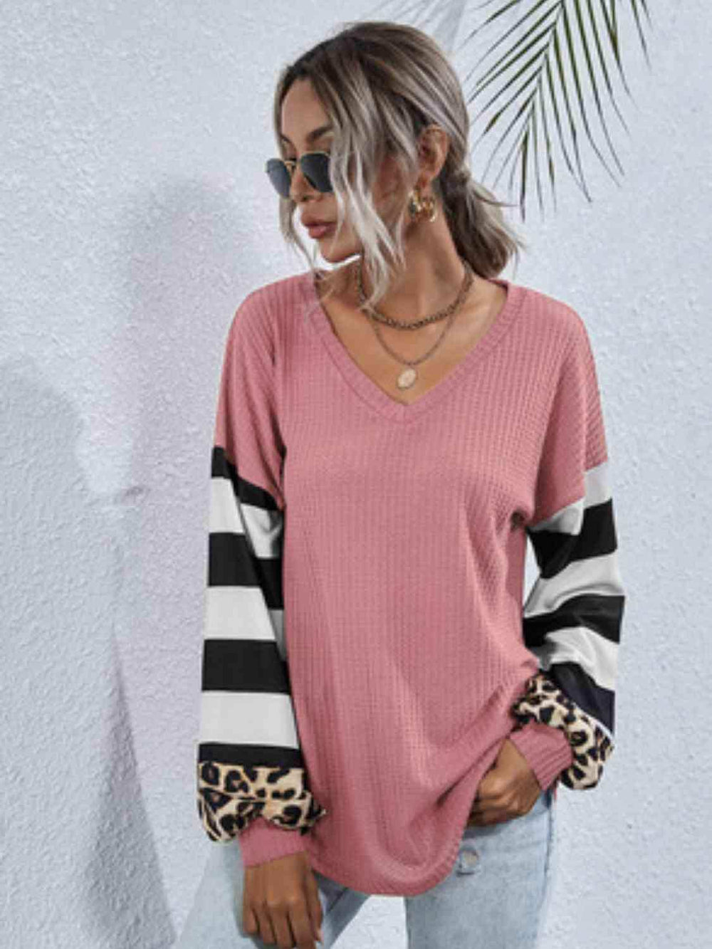 Leopard Striped Waffle-Knit Top - Trendsi - Flyclothing LLC