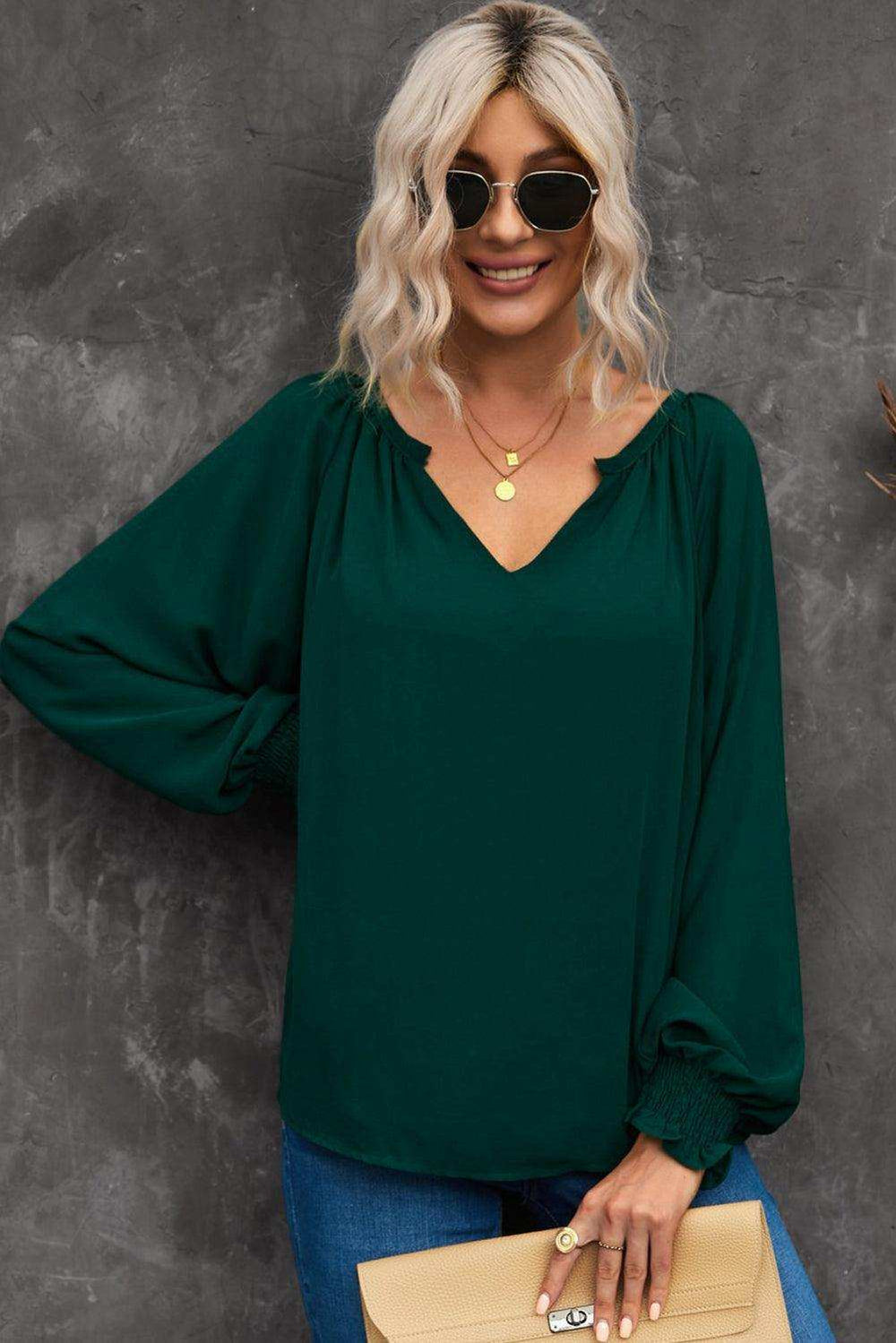 Notched Neck Lantern Sleeve Blouse - Trendsi - Flyclothing LLC