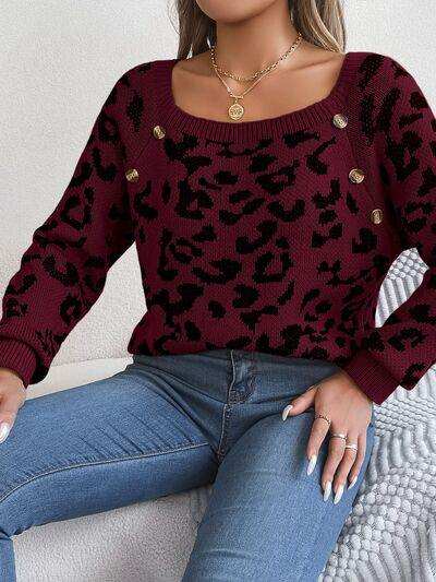 Leopard Buttoned Square Neck Sweater - Trendsi - Flyclothing LLC