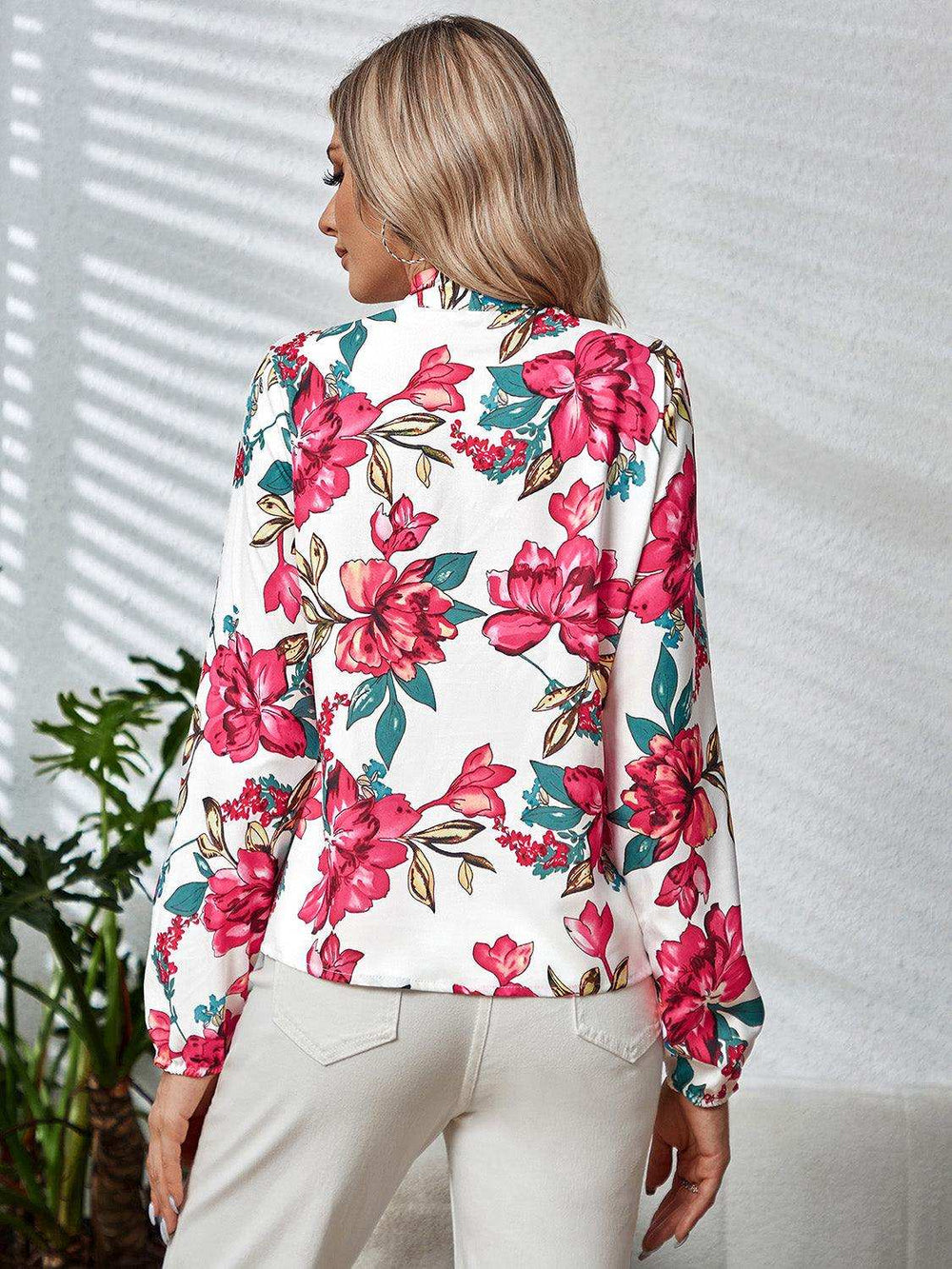 Printed Tie Neck Long Sleeve Blouse - Trendsi - Flyclothing LLC