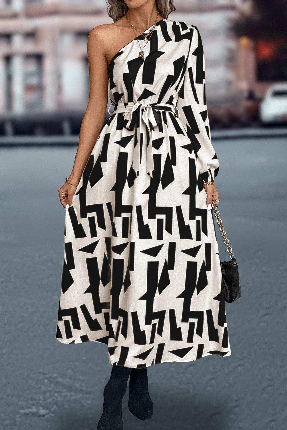 Printed One-Shoulder Tie Waist Dress - Trendsi - Flyclothing LLC