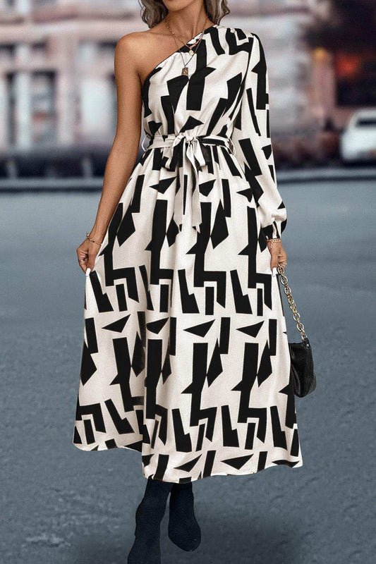 Printed One-Shoulder Tie Waist Dress - Trendsi - Flyclothing LLC