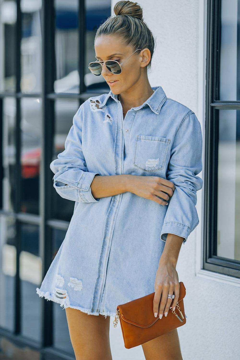 Distressed Snap Down Denim Jacket - Trendsi - Flyclothing LLC