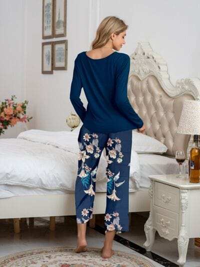 Round Neck Top and Printed Pants Lounge Set - Trendsi - Flyclothing LLC