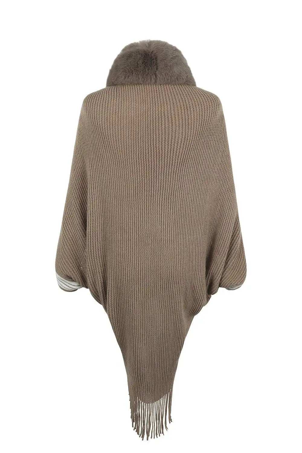 Striped Fringe Detail Long Sleeve Poncho - Trendsi - Flyclothing LLC