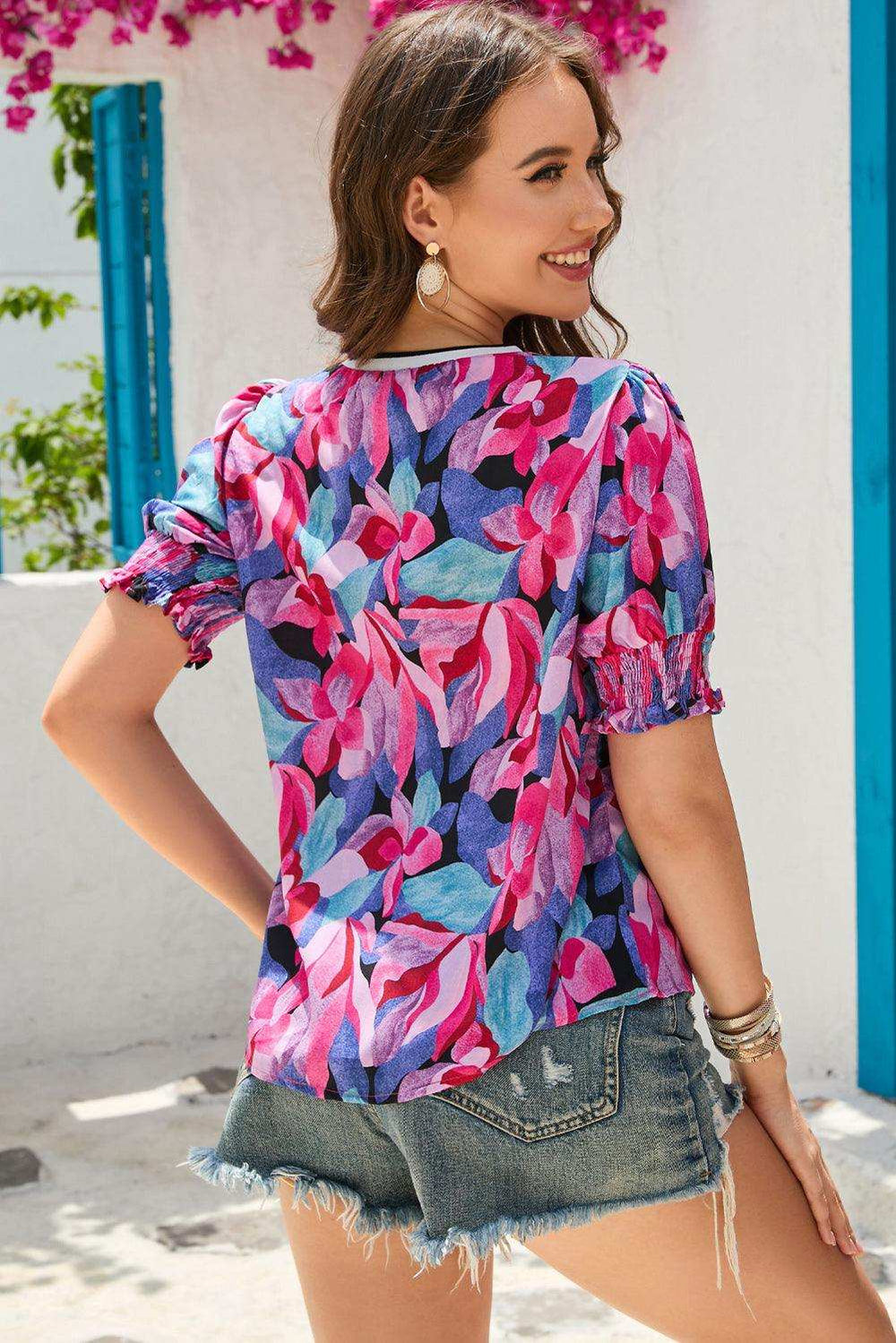 Floral Round Neck Puff Sleeve Top - Trendsi - Flyclothing LLC