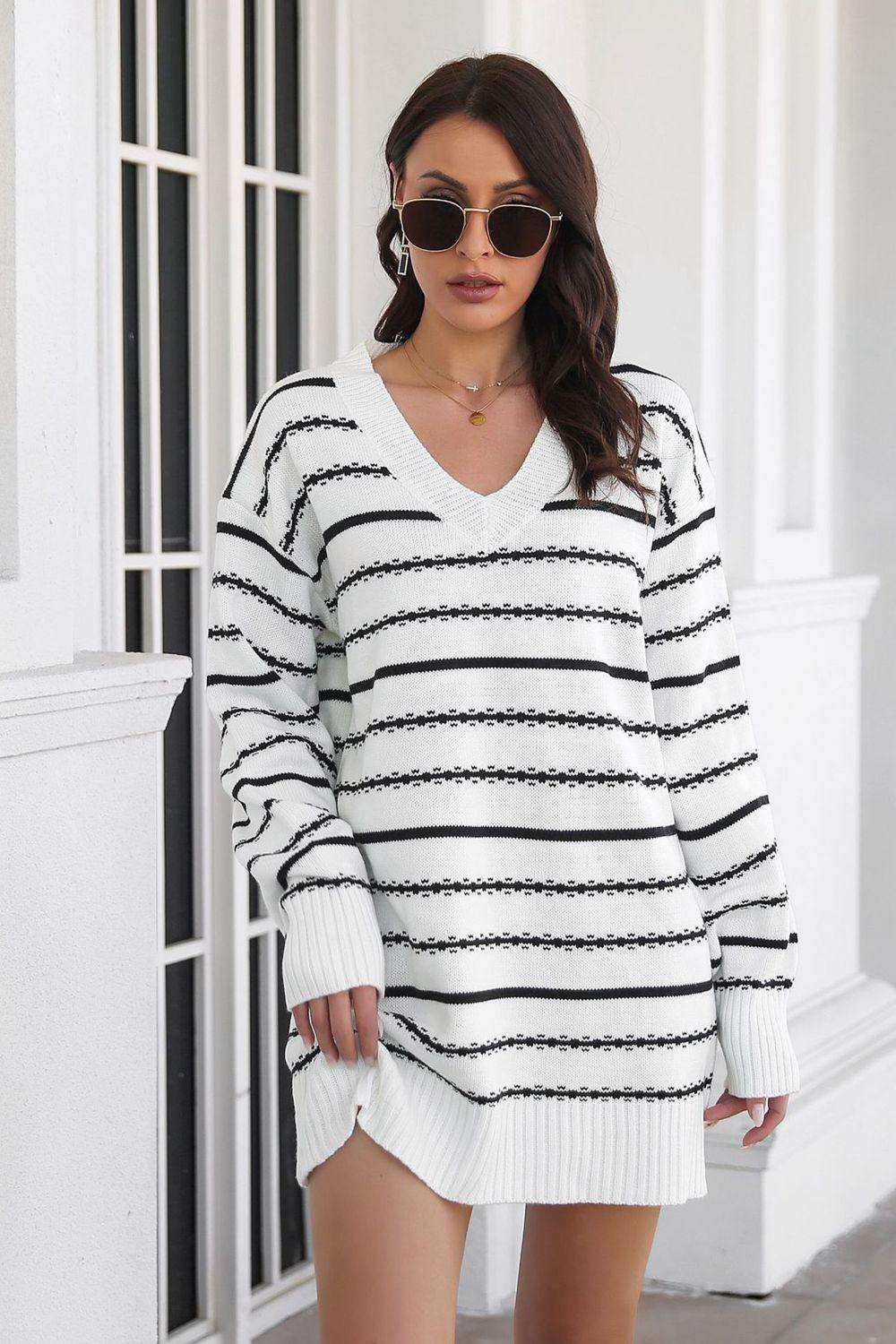 Striped V-Neck Sweater Dress - Trendsi - Flyclothing LLC