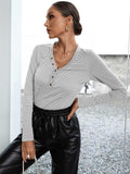 Striped Buttoned V-Neck Long Sleeve Top - Trendsi - Flyclothing LLC