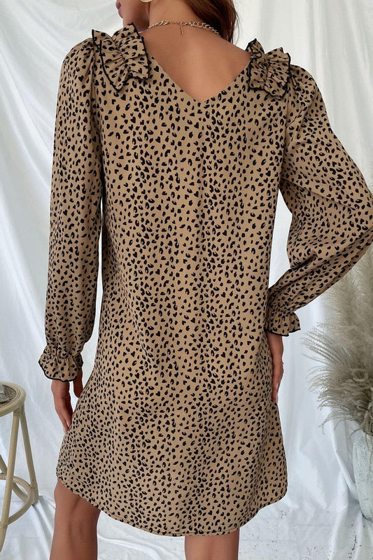 Leopard Frill Trim V-Neck Dress - Flyclothing LLC