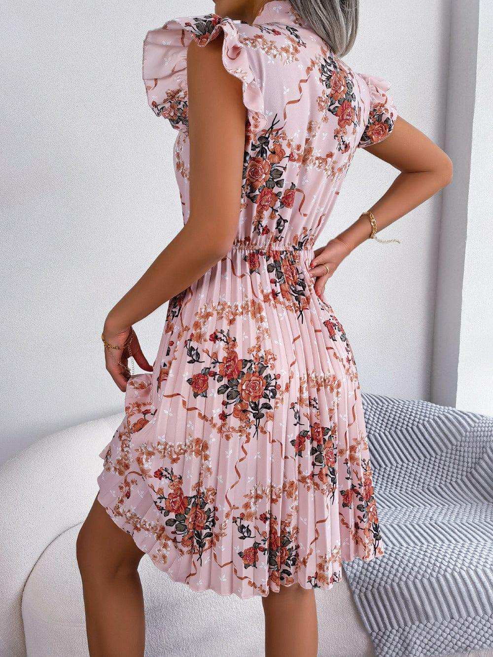 Pleated Floral Printed Tie Neck Knee Length Dress - Trendsi - Flyclothing LLC