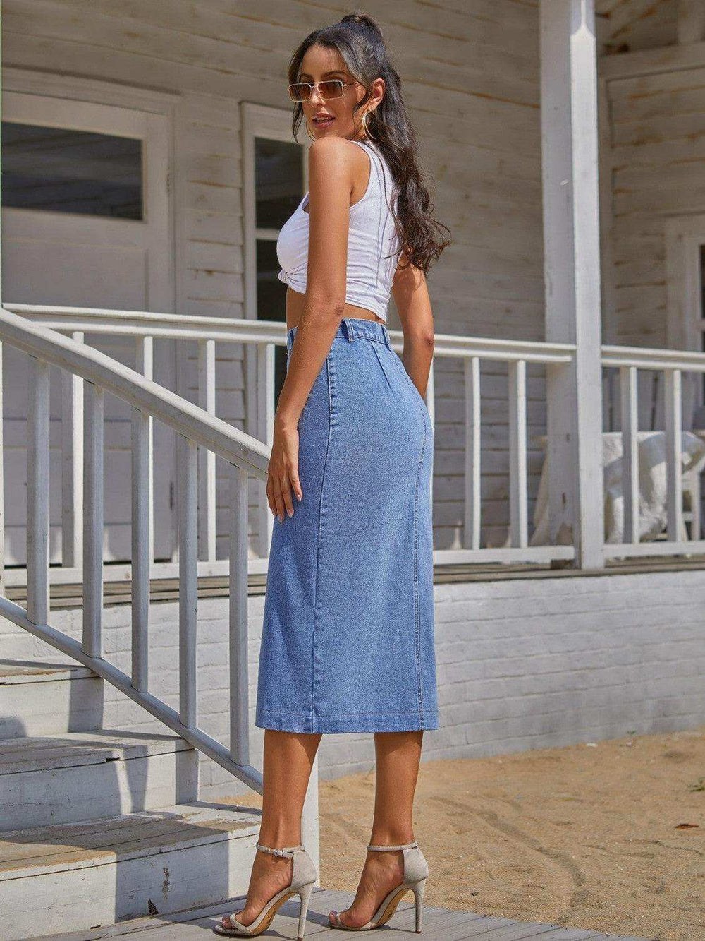 Button Down Denim Skirt - Trendsi - Flyclothing LLC
