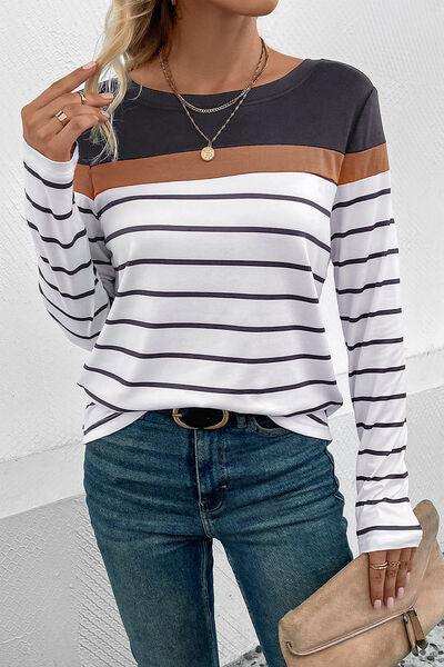 Striped Round Neck Long Sleeve T-Shirt - Trendsi - Flyclothing LLC