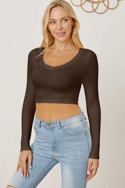 Round Neck Long Sleeve Cropped T-Shirt - Trendsi - Flyclothing LLC