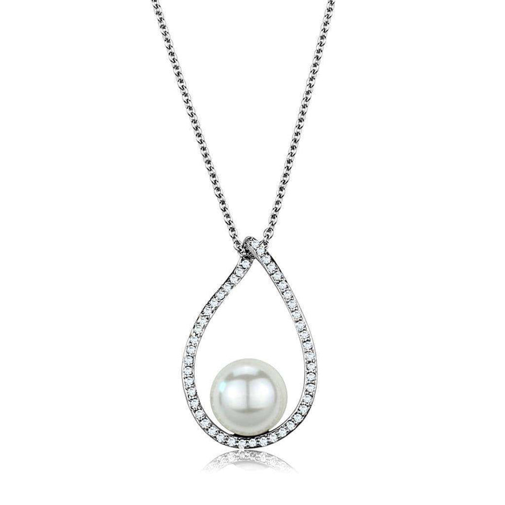 Alamode Rhodium Brass Chain Pendant with Synthetic Pearl in White - Alamode - Flyclothing LLC
