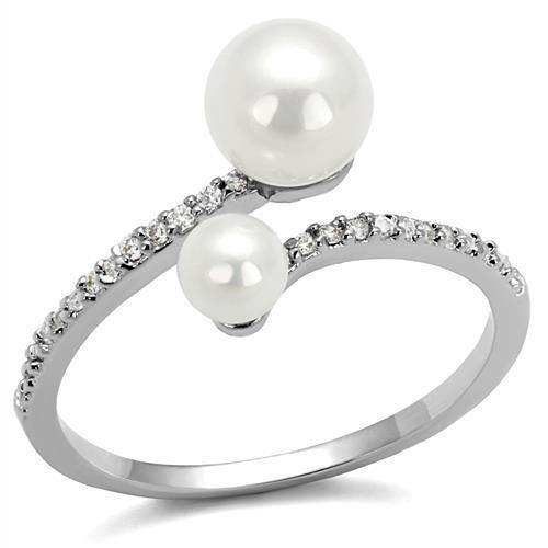 Alamode Rhodium Brass Ring with Synthetic Pearl in White - Alamode - Flyclothing LLC