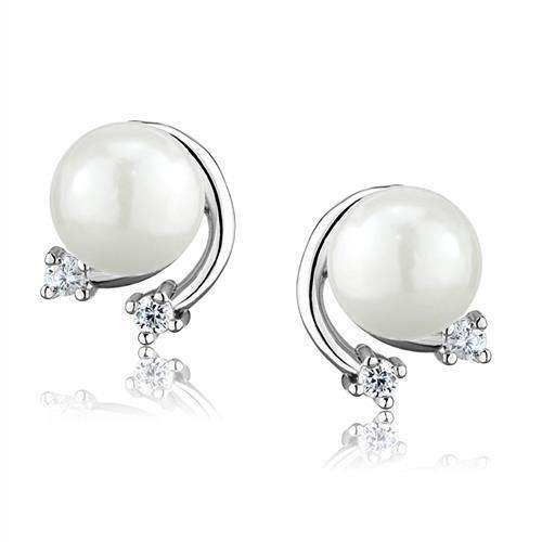 Alamode Rhodium Brass Earrings with Synthetic Pearl in White - Alamode - Flyclothing LLC