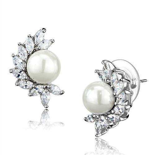Alamode Rhodium Brass Earrings with Synthetic Pearl in White - Alamode - Flyclothing LLC