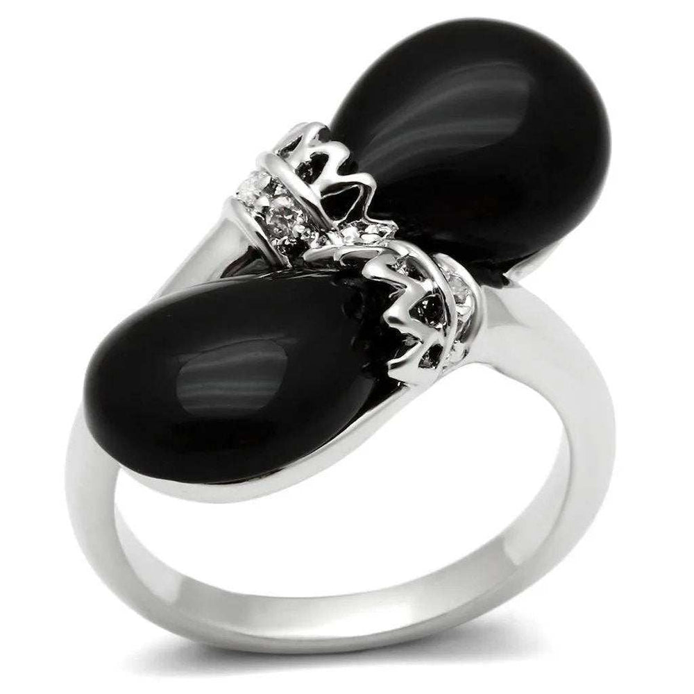 Alamode Rhodium Brass Ring with Semi-Precious Onyx in Jet - Alamode - Flyclothing LLC