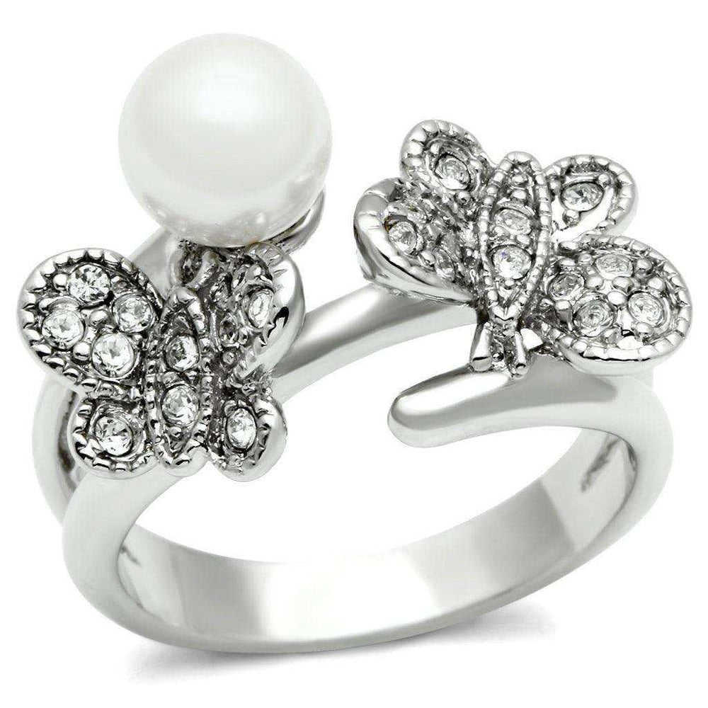 Alamode Rhodium Brass Ring with Synthetic Pearl in White - Alamode - Flyclothing LLC
