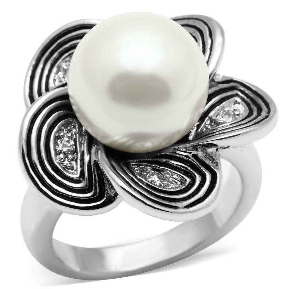 Alamode Rhodium Brass Ring with Synthetic Pearl in White - Alamode - Flyclothing LLC