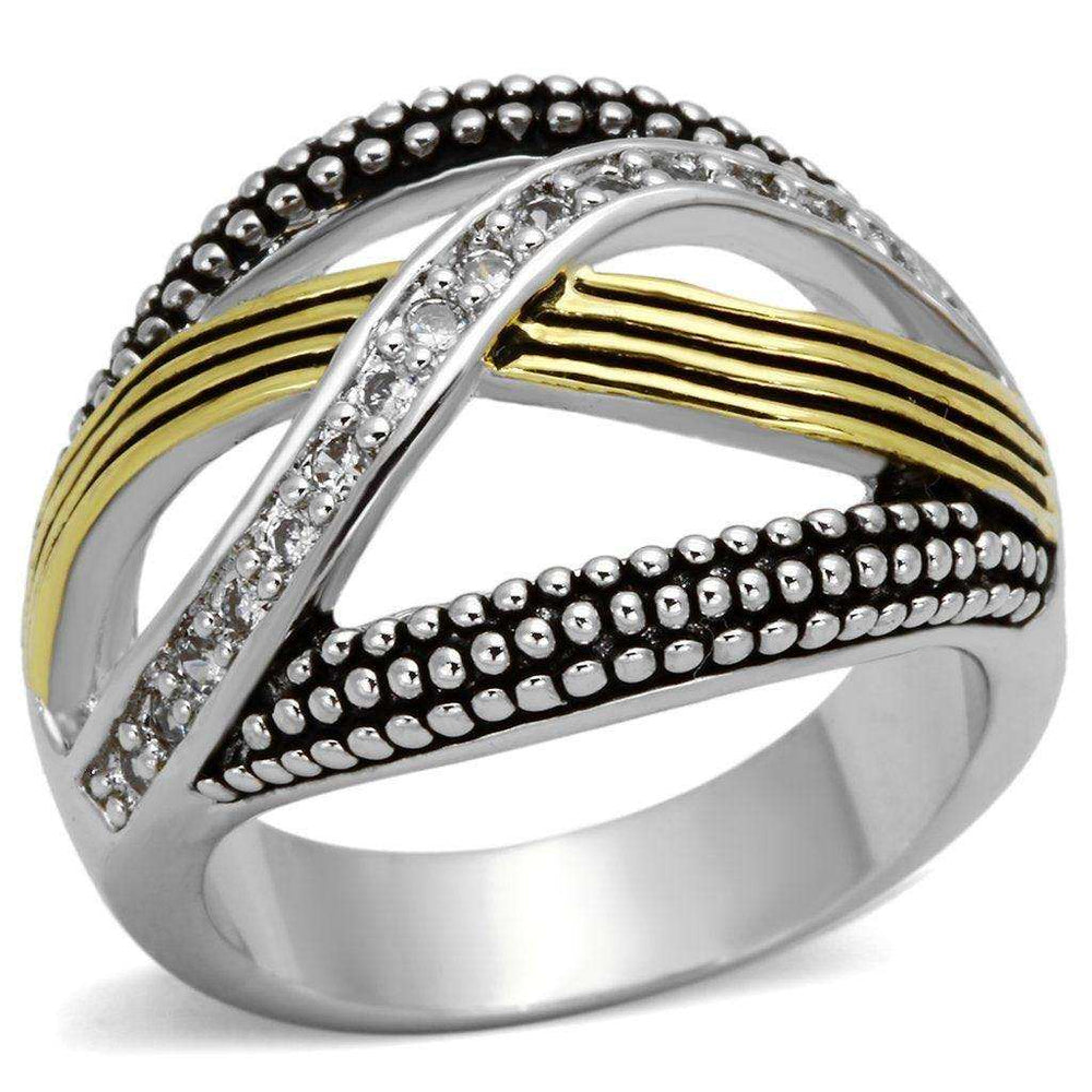Alamode Reverse Two-Tone Brass Ring with AAA Grade CZ in Clear - Alamode - Flyclothing LLC