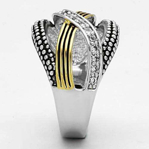 Alamode Reverse Two-Tone Brass Ring with AAA Grade CZ in Clear - Alamode - Flyclothing LLC