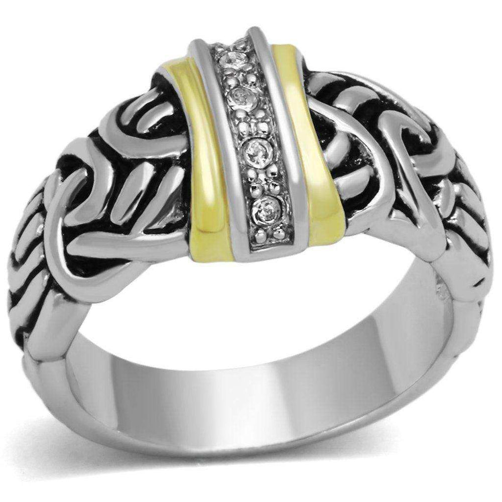 Alamode Reverse Two-Tone Brass Ring with Top Grade Crystal in Clear - Alamode - Flyclothing LLC