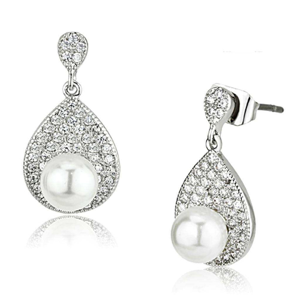 Alamode Rhodium Brass Earrings with Synthetic Pearl in White - Alamode - Flyclothing LLC