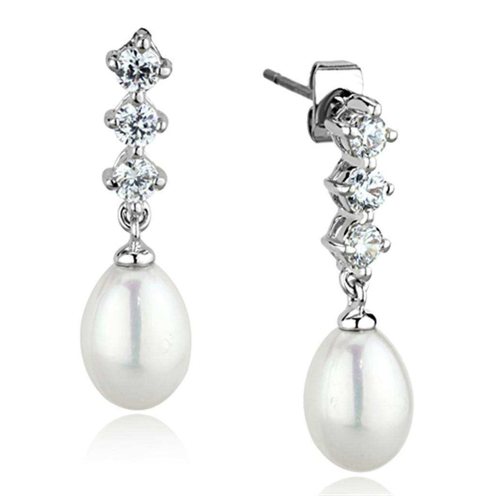 Alamode Rhodium Brass Earrings with Semi-Precious Pearl in White - Alamode - Flyclothing LLC