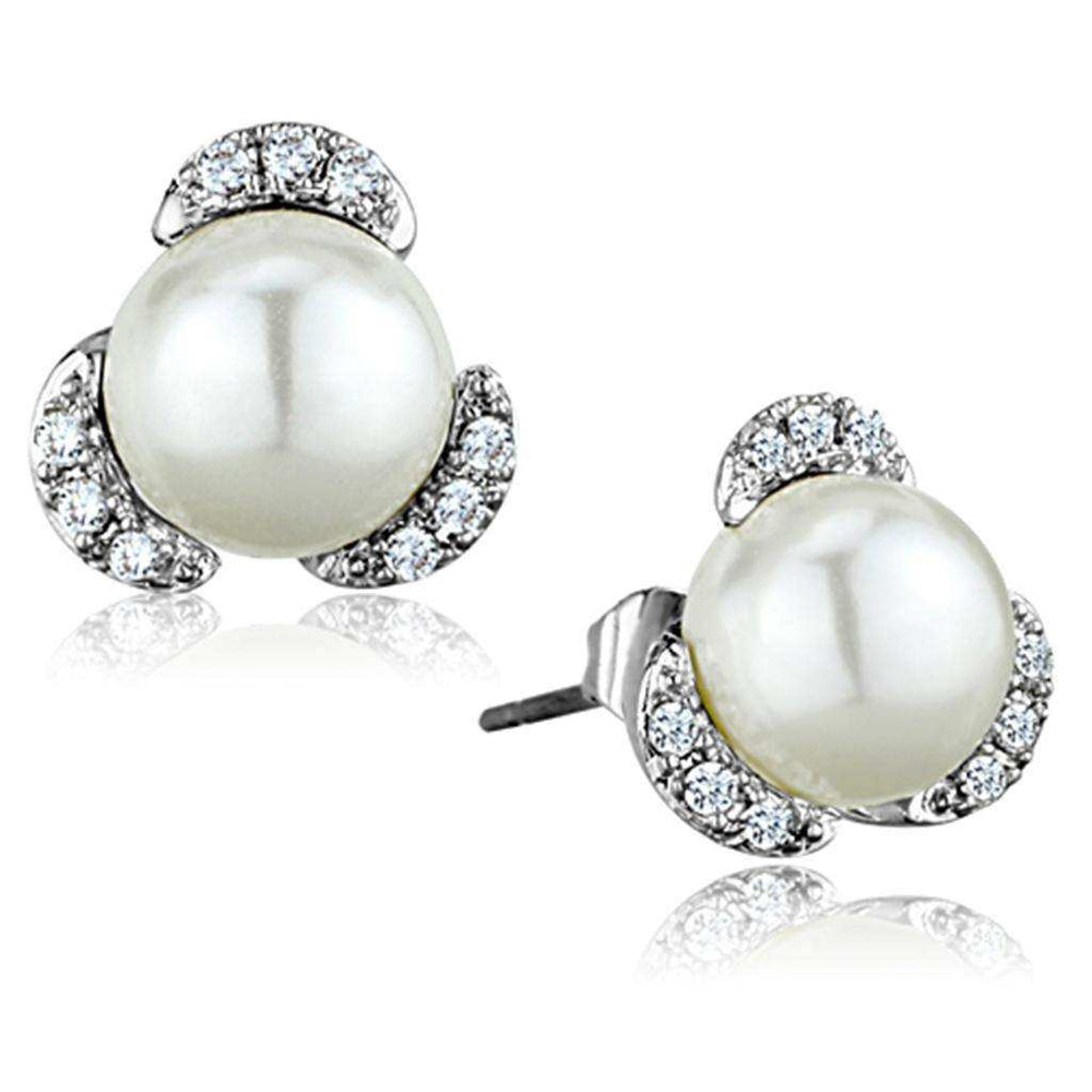 Alamode Rhodium Brass Earrings with Synthetic Pearl in White - Alamode - Flyclothing LLC