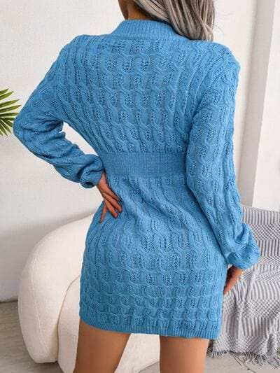 Cable-Knit Round Neck Mini Wrap Sweater Dress - Trendsi - Flyclothing LLC