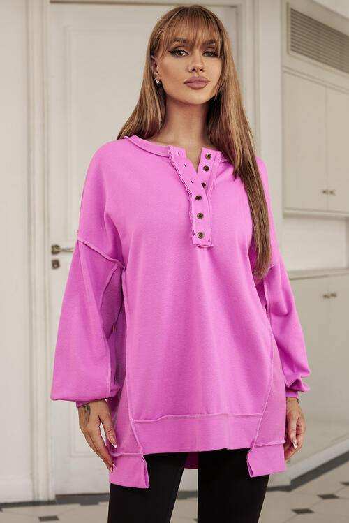 Buttoned Dropped Shoulder Sweatshirt - Trendsi - Flyclothing LLC