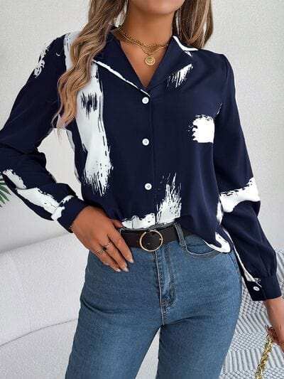 Printed Collared Neck Button Up Shirt - Trendsi - Flyclothing LLC