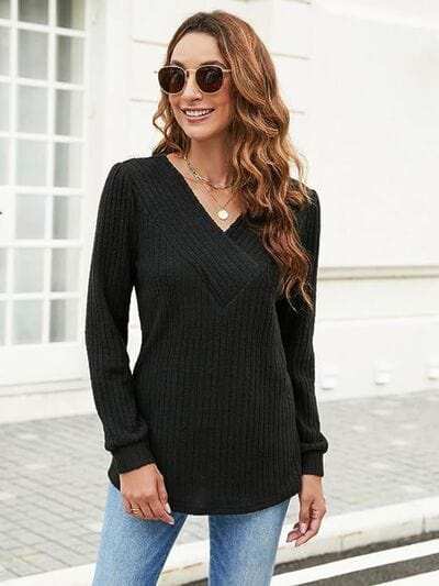 Ribbed Surplice Long Sleeve T-Shirt - Trendsi - Flyclothing LLC
