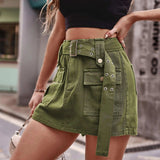 Belted Denim Shorts with Pockets - Trendsi - Flyclothing LLC
