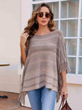Striped Boat Neck Poncho with Fringes - Trendsi - Flyclothing LLC