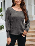 Ribbed Round Neck Lantern Sleeve Knit Top - Trendsi - Flyclothing LLC