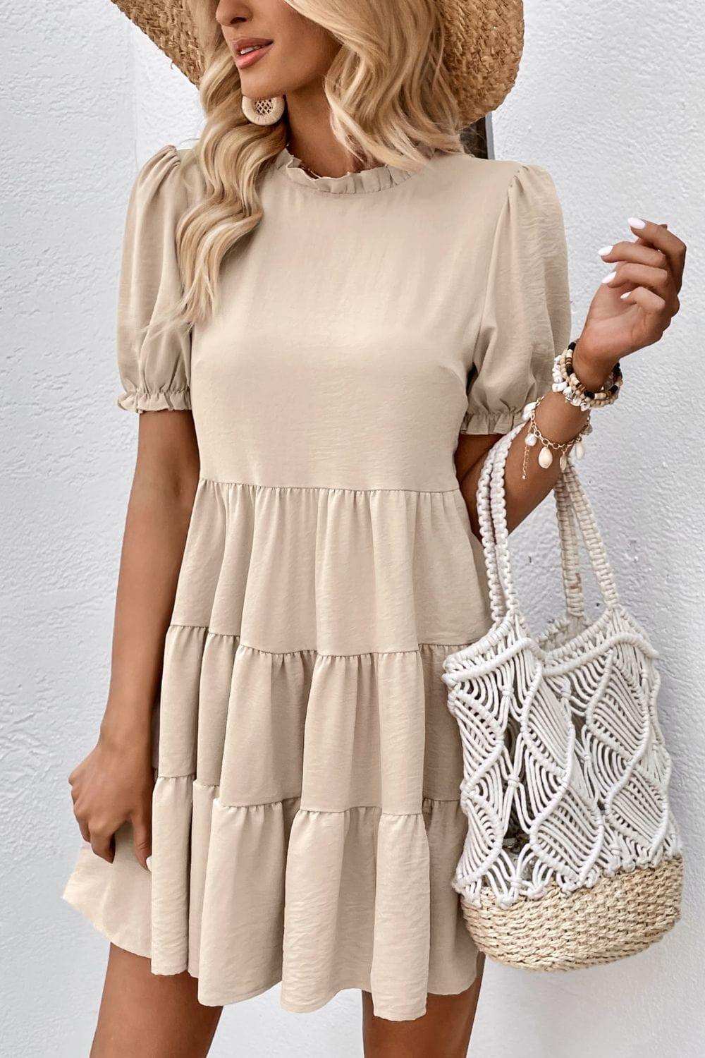 Puff Sleeve Tie Back Tiered Dress - Trendsi - Flyclothing LLC