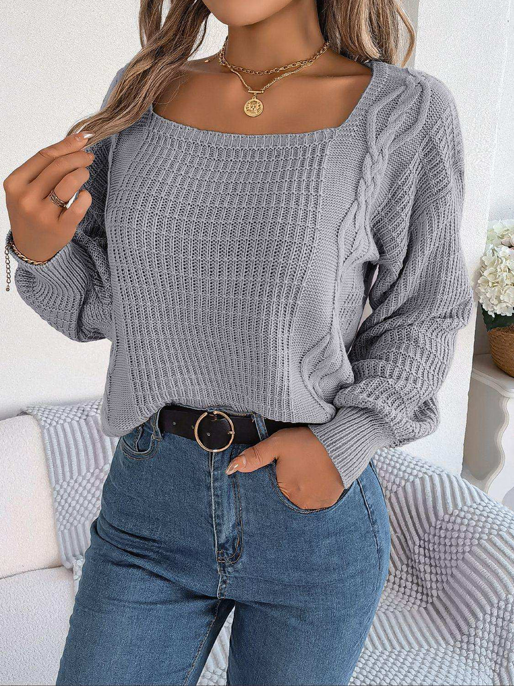 Square Neck Mixed Knit Sweater - Trendsi - Flyclothing LLC